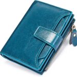 Women's Genuine Leather Bifold Compact RFID Blocking Wallet, Blue, 5.12 x 3.93 x 1.2 in